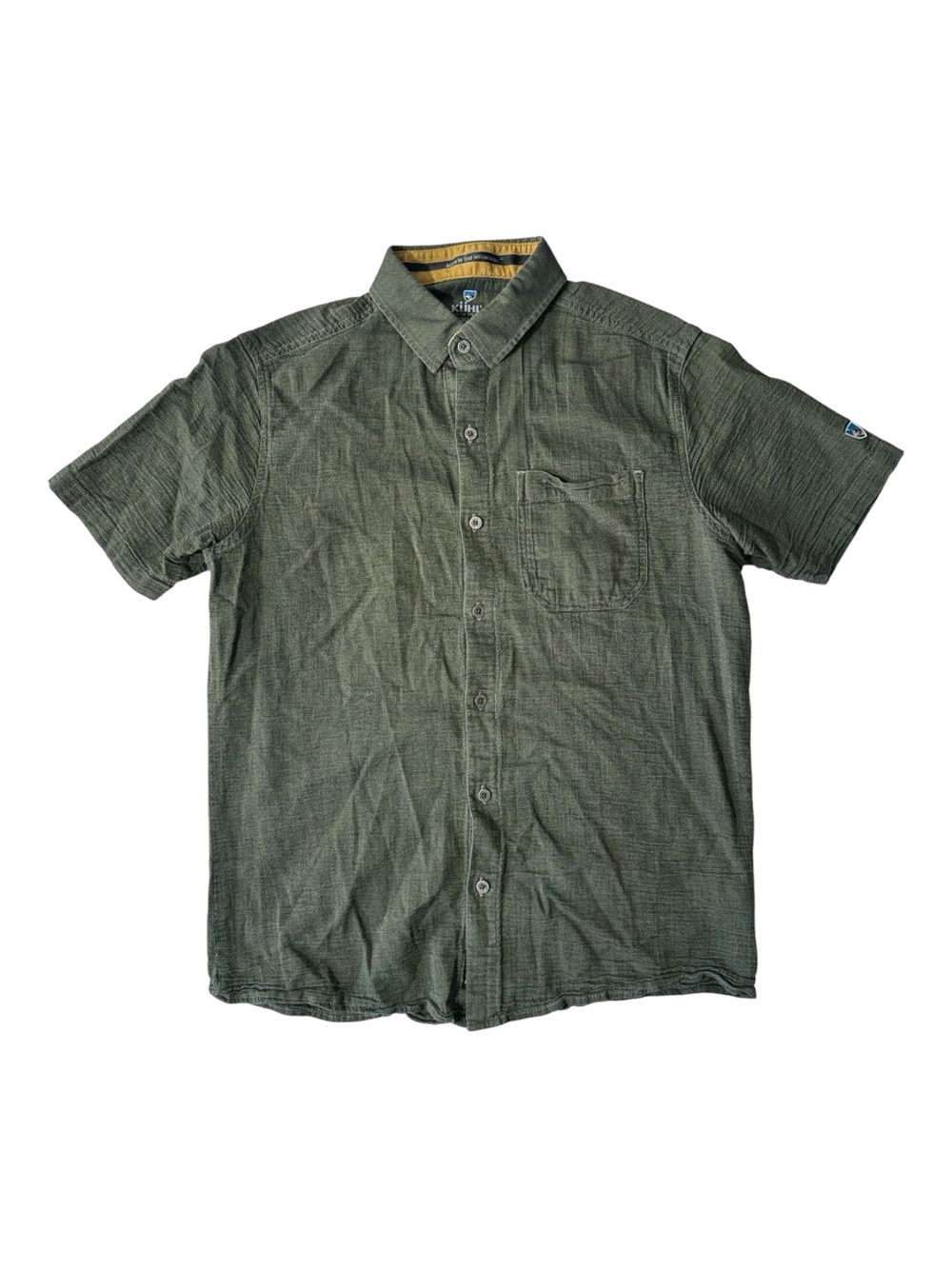 Kuhl mens S Small green solid 100% organic cotton short sleeve button up shirt
